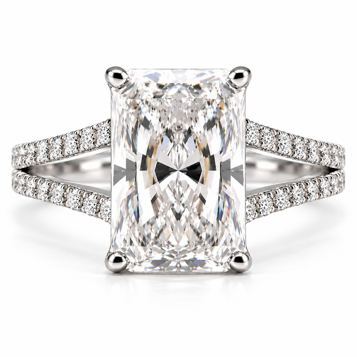 6 CT Radiant Cut Lab-Grown Diamond Split Shank Pavé Engagement Ring in 14K White Gold