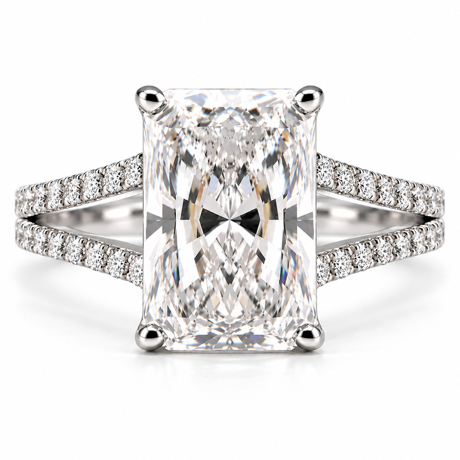 6 CT Radiant Cut Lab-Grown Diamond Split Shank Pavé Engagement Ring in 14K White Gold