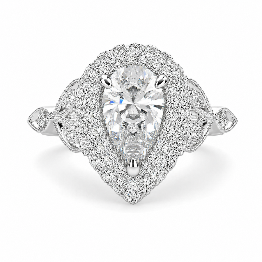 Ada 2.35 Carat Pear Cut Halo Pave Engagement Ring