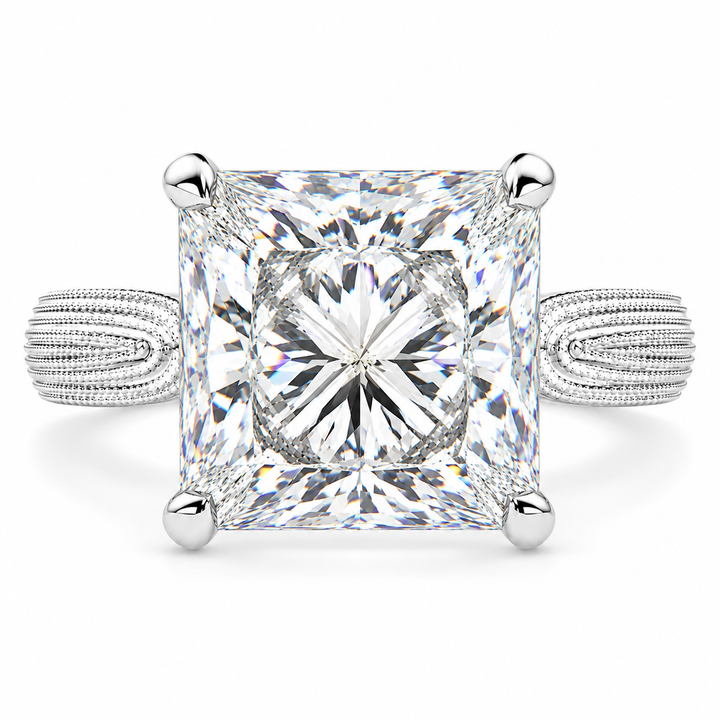 Valentina 6 Carat Princess Cut Solitaire Tapered Milgrain Engagement Ring