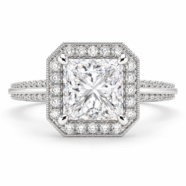 Beatrice 1.45 Carat Princess Cut Halo Pave Knife Edge Milgrain Engagement Ring