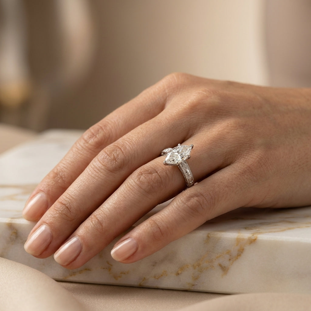 3.00 CT Antique Dutch Marquise Cut Lab-Grown Diamond Engagement Ring in 14K White Gold – Vintage Art Deco Hand-Engraved Design