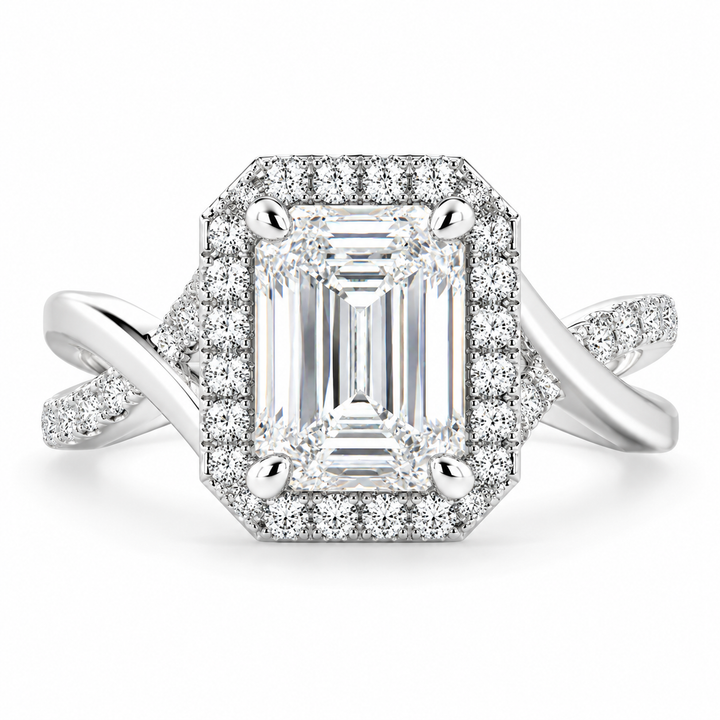 Ophelia 4.35 Carat Emerald Cut Pave Halo Split Shank Engagement Ring
