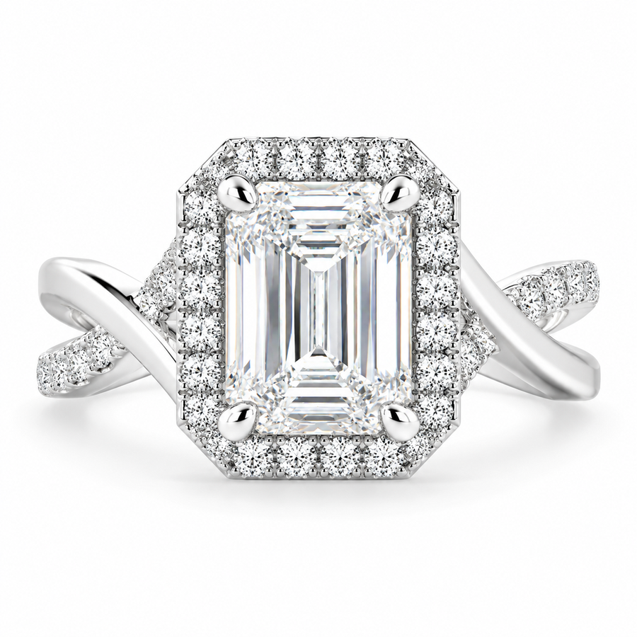 Ophelia 4.35 Carat Emerald Cut Pave Halo Split Shank Engagement Ring