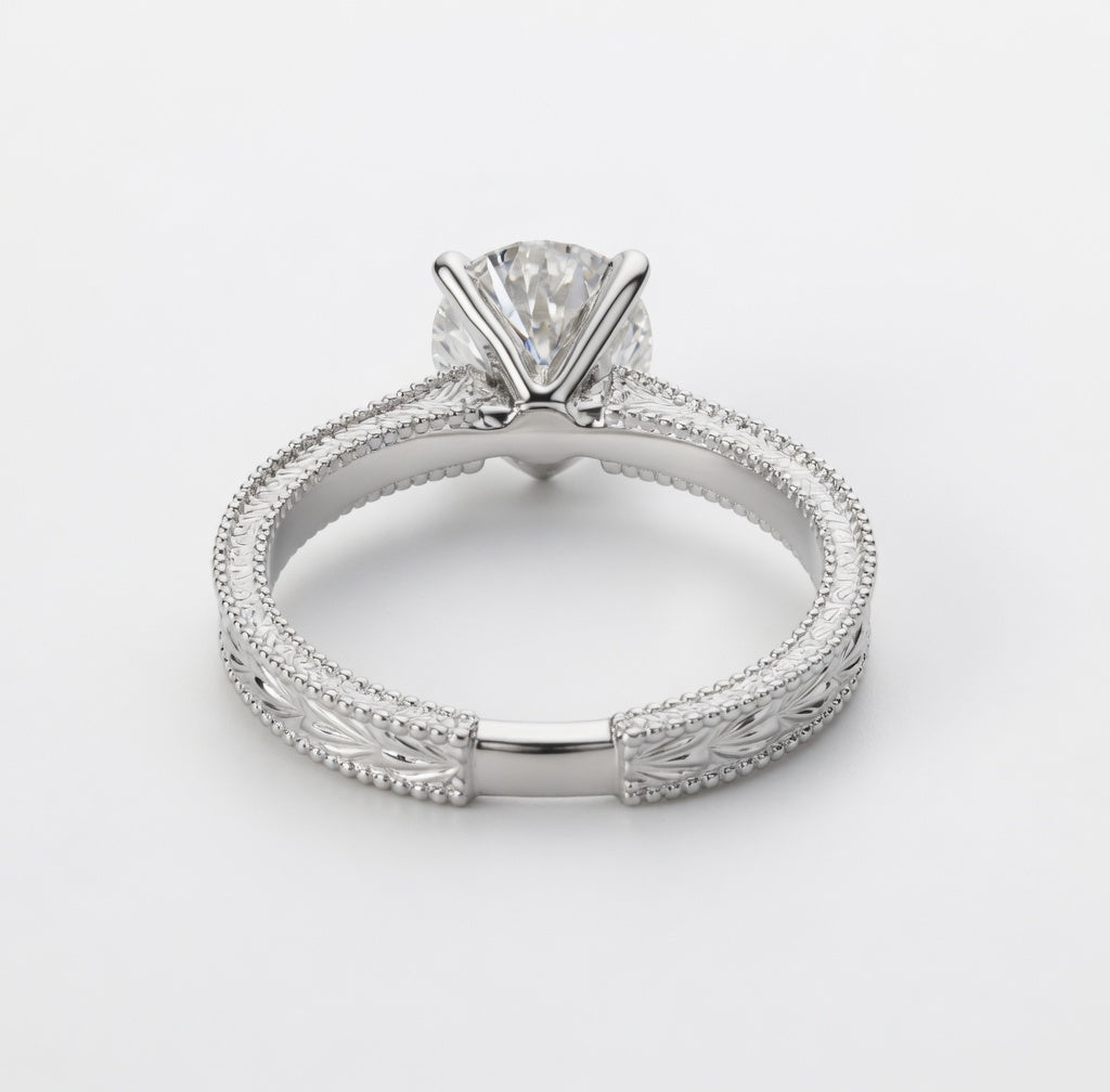 1.50 CT Vintage Lab-Grown Diamond Engagement Ring in 14K White Gold – Hand-Engraved Antique Design