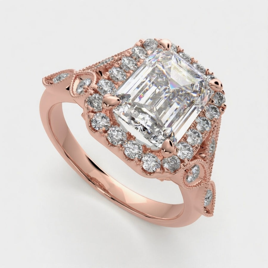 Ada 3.35 Carat Emerald Cut Halo Pave Engagement Ring