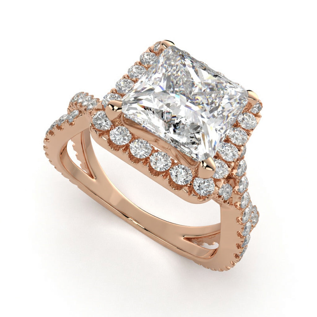 Ophelia 4.35 Carat Princess Cut Pave Halo Split Shank Engagement Ring