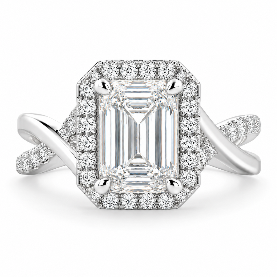 Ophelia 3.35 Carat Emerald Cut Pave Halo Split Shank Engagement Ring