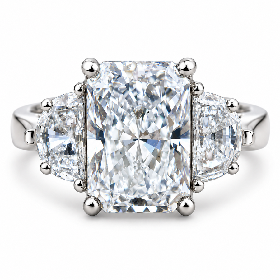 5 CT Radiant Cut Lab-Grown Diamond Three-Stone Engagement Ring with Half-Moon Side Diamonds, IGI Certified