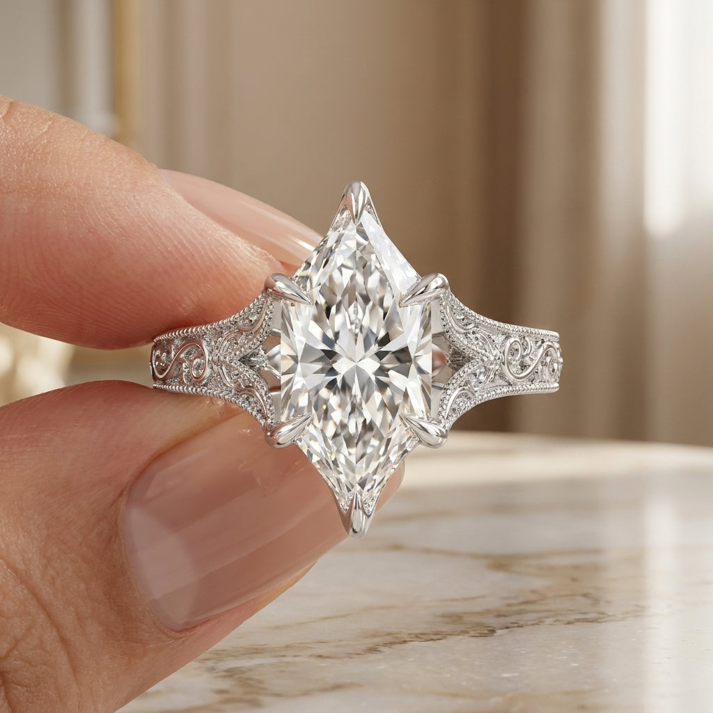 3.00 CT Filigree Dutch Marquise Cut Lab-Grown Diamond Engagement Ring in 14K White Gold – Engraved Solitaire Bridal Design