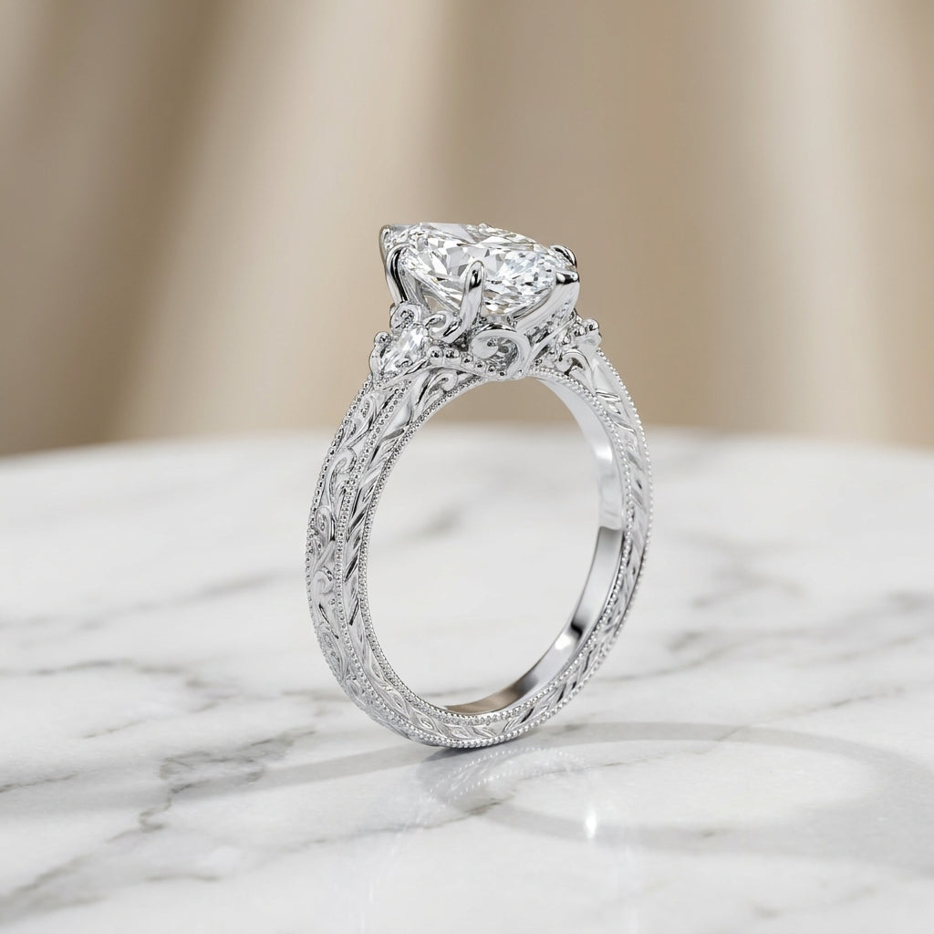 3.50 CT Vintage Oval Cut Lab-Grown Diamond Engagement Ring in 14K White Gold – Nature Inspired Engraved Filigree Tulip Design