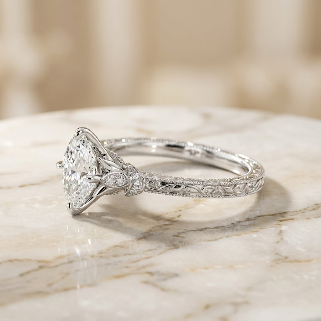 3.50 CT Vintage Oval Cut Lab-Grown Diamond Engagement Ring in 14K White Gold – Nature Inspired Engraved Filigree Tulip Design