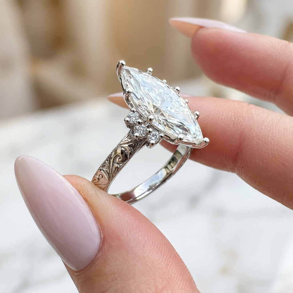 3.81 CT Vintage Marquise Cut Lab-Grown Diamond Engagement Ring in 14K White Gold – Hand-Engraved Art Deco Cluster Design