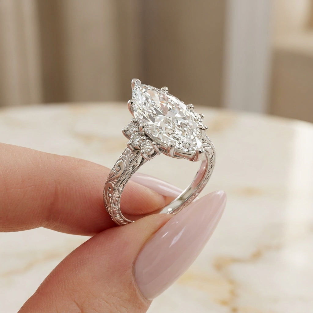 3.81 CT Vintage Marquise Cut Lab-Grown Diamond Engagement Ring in 14K White Gold – Hand-Engraved Art Deco Cluster Design