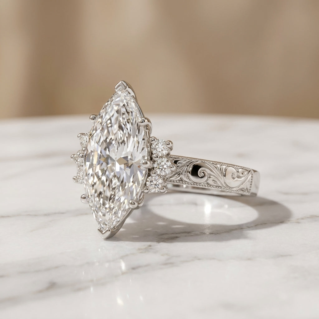 3.81 CT Vintage Marquise Cut Lab-Grown Diamond Engagement Ring in 14K White Gold – Hand-Engraved Art Deco Cluster Design