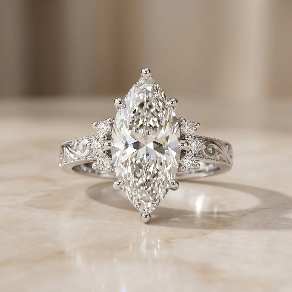 3.81 CT Vintage Marquise Cut Lab-Grown Diamond Engagement Ring in 14K White Gold – Hand-Engraved Art Deco Cluster Design