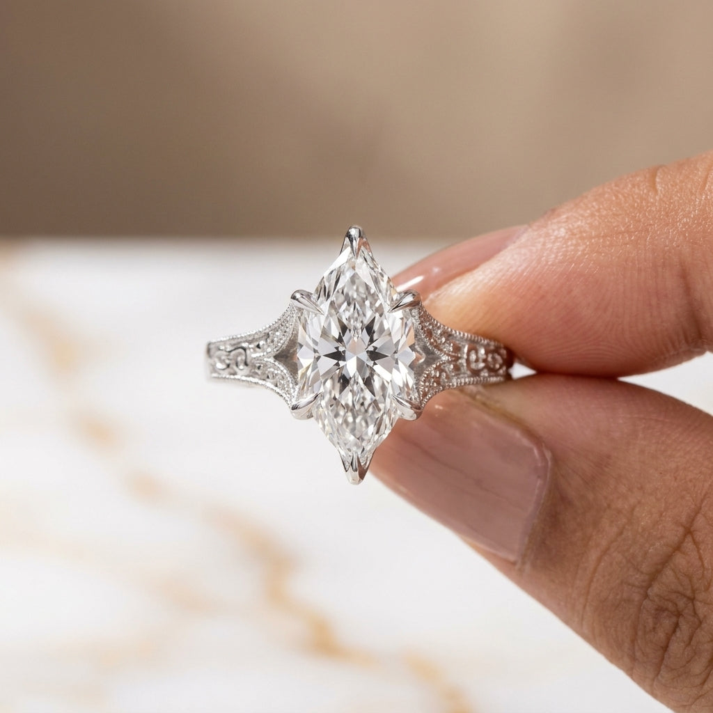 3.00 CT Filigree Dutch Marquise Cut Lab-Grown Diamond Engagement Ring in 14K White Gold – Engraved Solitaire Bridal Design