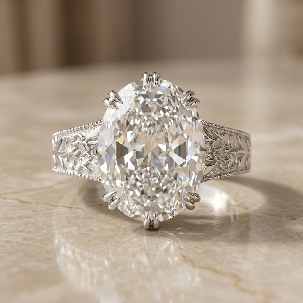 5.00 CT Oval Ashoka Style Lab-Grown Diamond Engagement Ring in 14K White Gold – Vintage Hand-Carved Edwardian Design