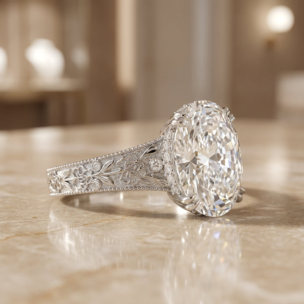 5.00 CT Oval Ashoka Style Lab-Grown Diamond Engagement Ring in 14K White Gold – Vintage Hand-Carved Edwardian Design
