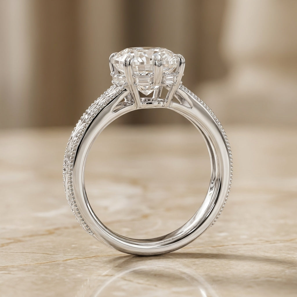 5.00 CT Oval Ashoka Style Lab-Grown Diamond Engagement Ring in 14K White Gold – Vintage Hand-Carved Edwardian Design