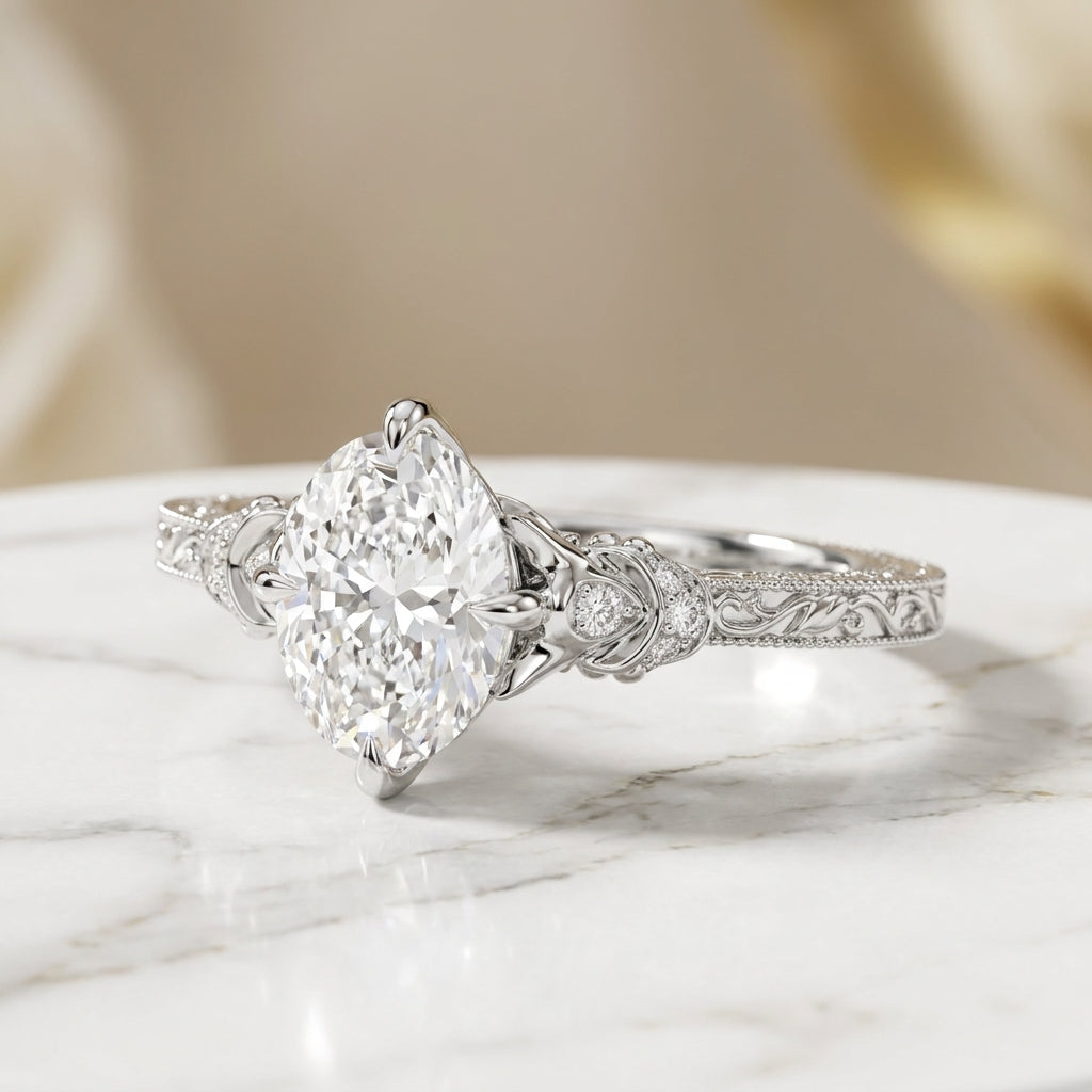 3.50 CT Vintage Oval Cut Lab-Grown Diamond Engagement Ring in 14K White Gold – Nature Inspired Engraved Filigree Tulip Design