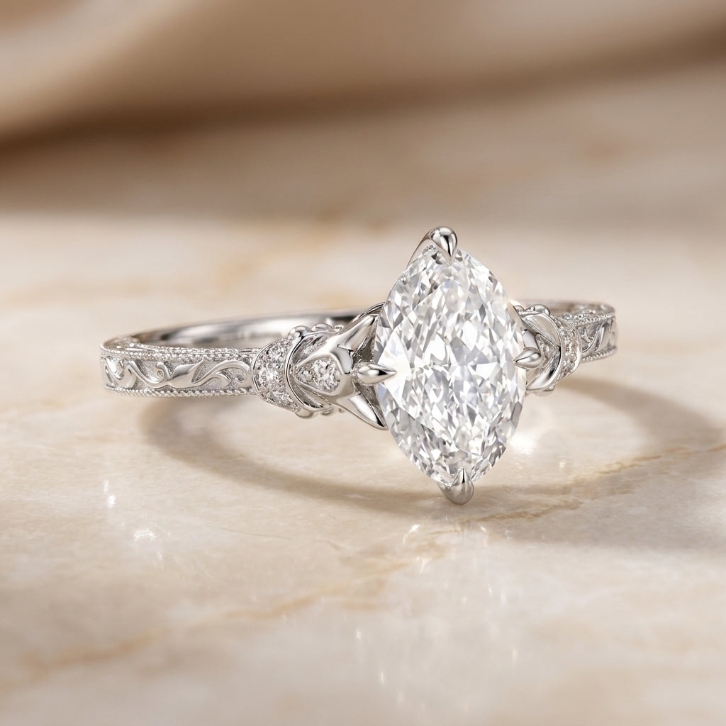 3.50 CT Vintage Oval Cut Lab-Grown Diamond Engagement Ring in 14K White Gold – Nature Inspired Engraved Filigree Tulip Design