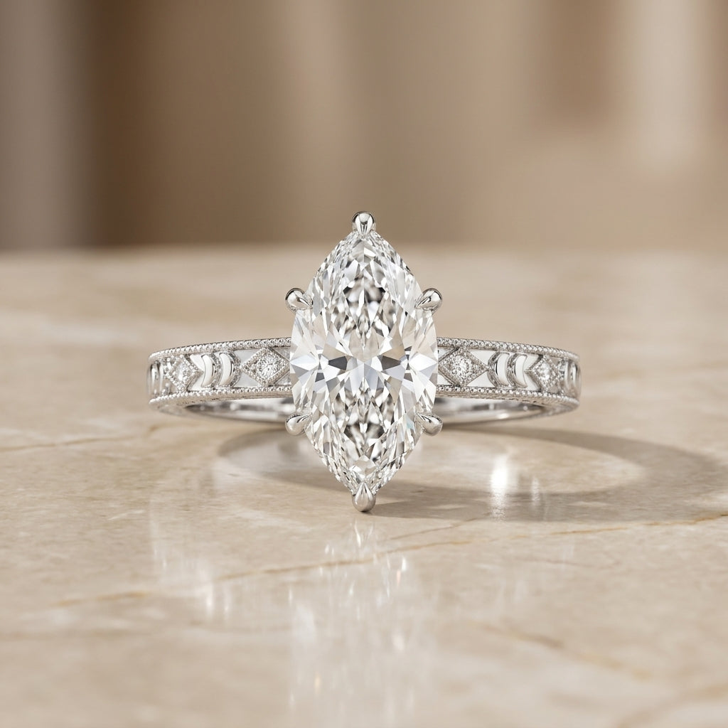 3.00 CT Antique Dutch Marquise Cut Lab-Grown Diamond Engagement Ring in 14K White Gold – Vintage Art Deco Hand-Engraved Design