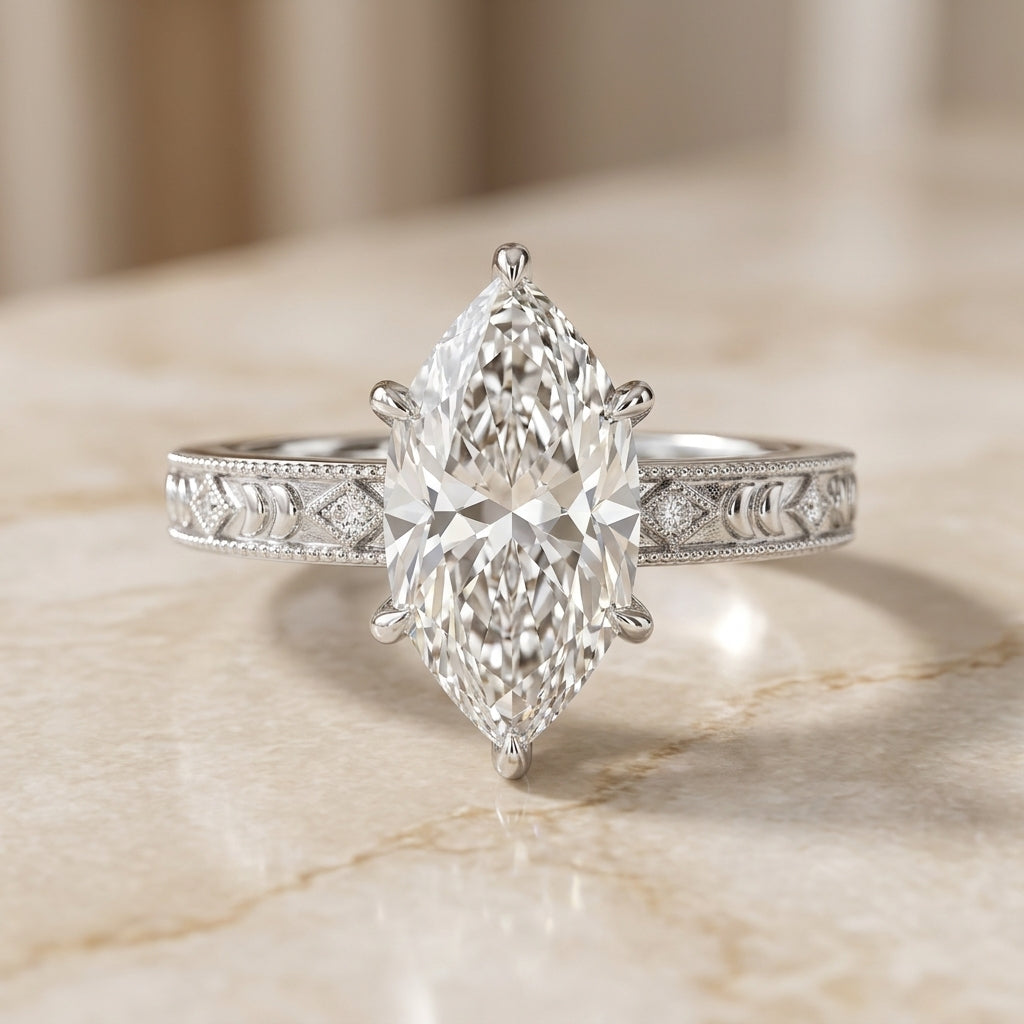 3.00 CT Antique Dutch Marquise Cut Lab-Grown Diamond Engagement Ring in 14K White Gold – Vintage Art Deco Hand-Engraved Design