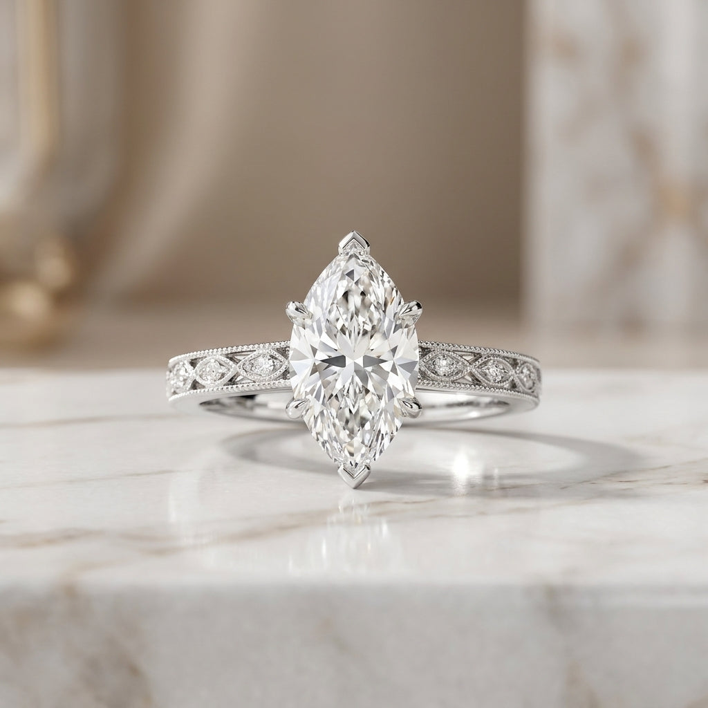 3.00 CT Antique Dutch Marquise Cut Lab-Grown Diamond Engagement Ring in 14K White Gold – Vintage Art Deco Hand-Engraved Design