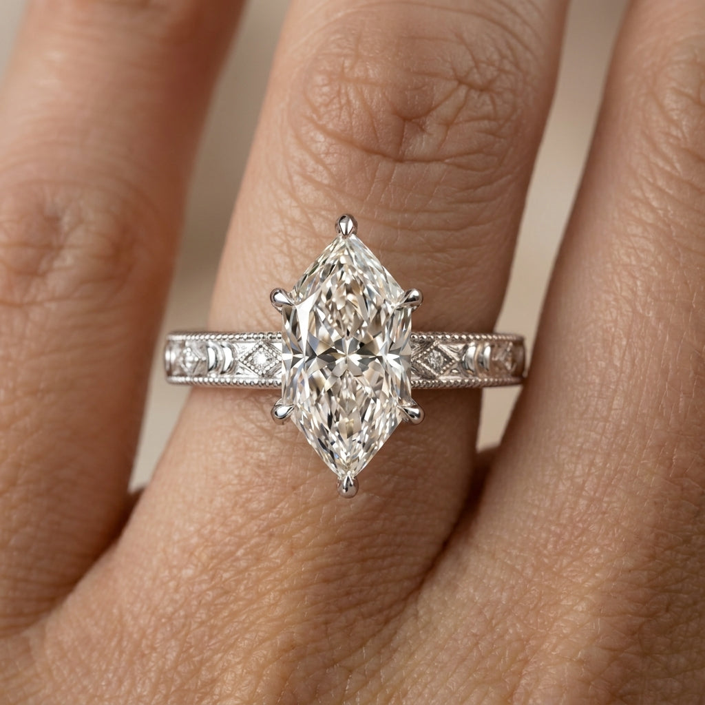 3.00 CT Antique Dutch Marquise Cut Lab-Grown Diamond Engagement Ring in 14K White Gold – Vintage Art Deco Hand-Engraved Design