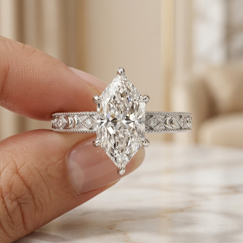 3.00 CT Antique Dutch Marquise Cut Lab-Grown Diamond Engagement Ring in 14K White Gold – Vintage Art Deco Hand-Engraved Design