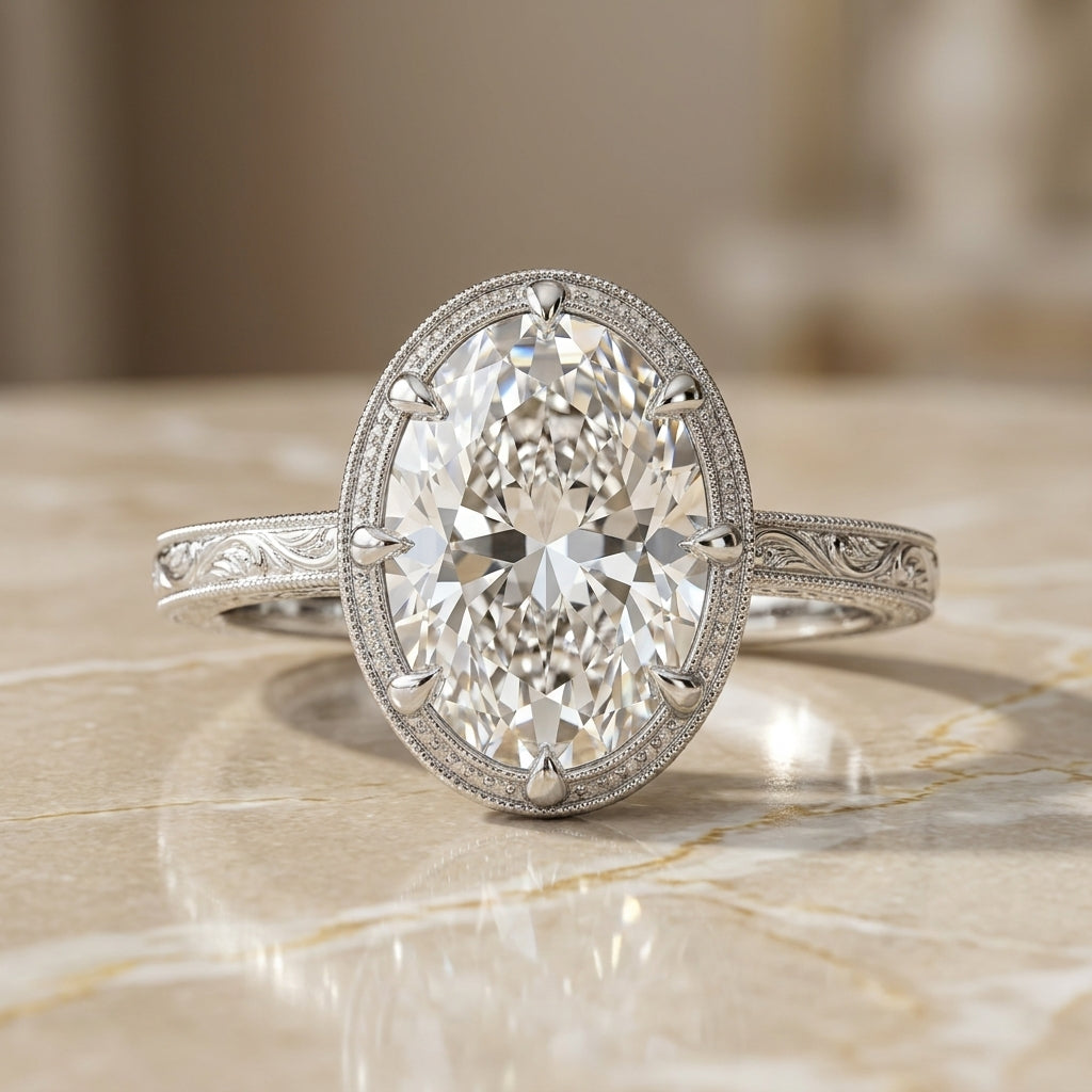 3.01 CT Moval Lab-Grown Diamond Engagement Ring in 14K White Gold – Hand-Engraved Filigree Bridal Design