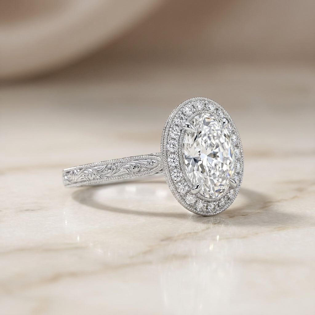 3.01 CT Moval Lab-Grown Diamond Engagement Ring in 14K White Gold – Hand-Engraved Filigree Bridal Design