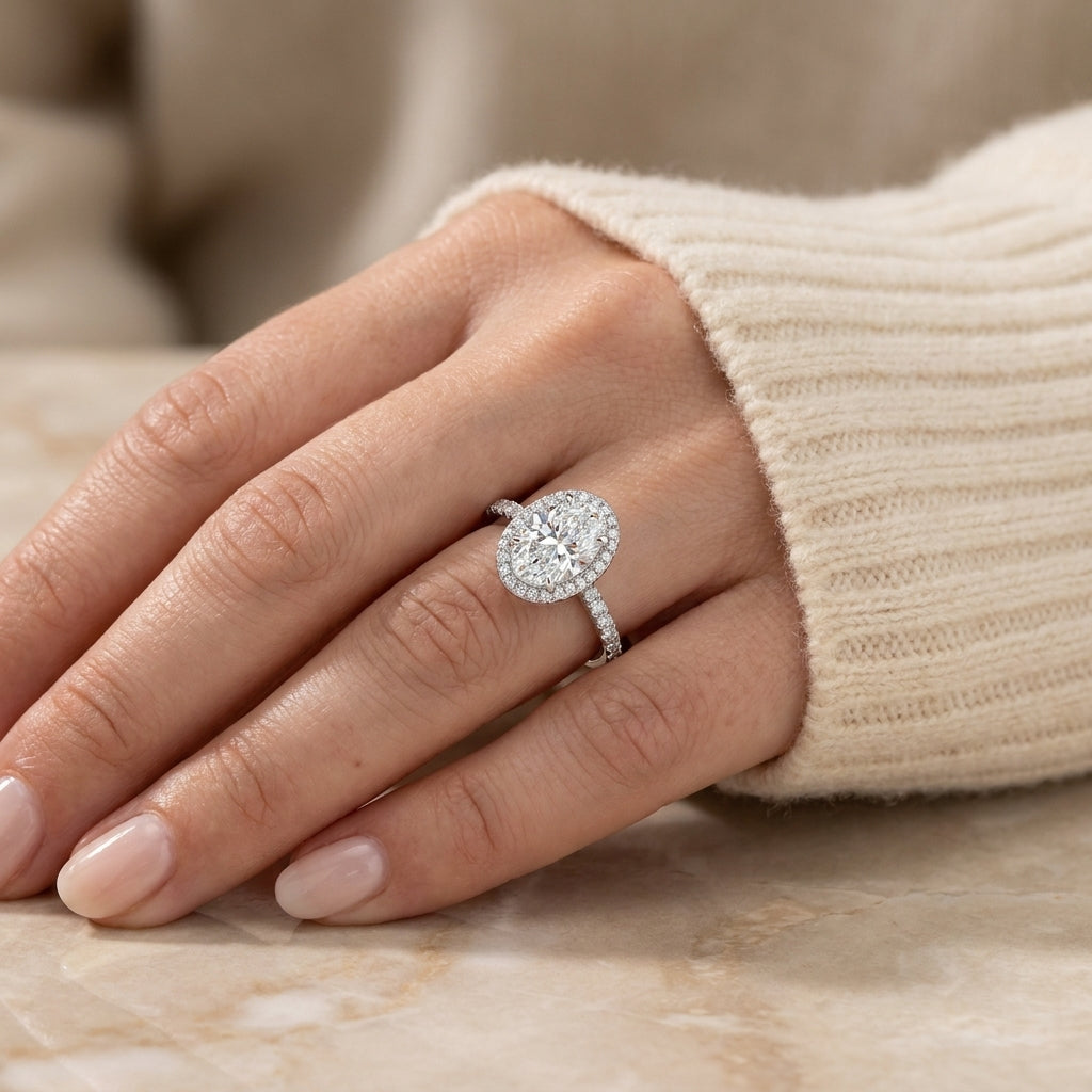 3.01 CT Moval Lab-Grown Diamond Engagement Ring in 14K White Gold – Hand-Engraved Filigree Bridal Design