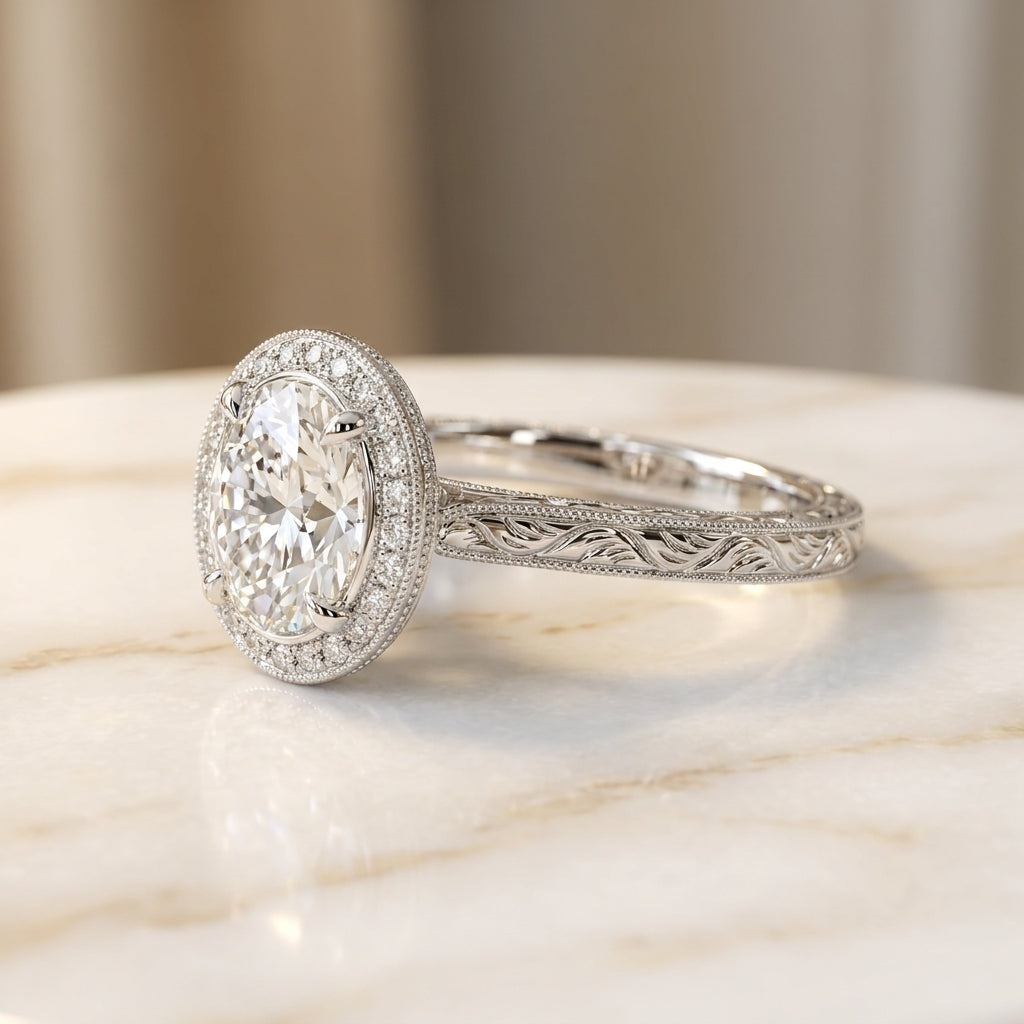 3.01 CT Moval Lab-Grown Diamond Engagement Ring in 14K White Gold – Hand-Engraved Filigree Bridal Design