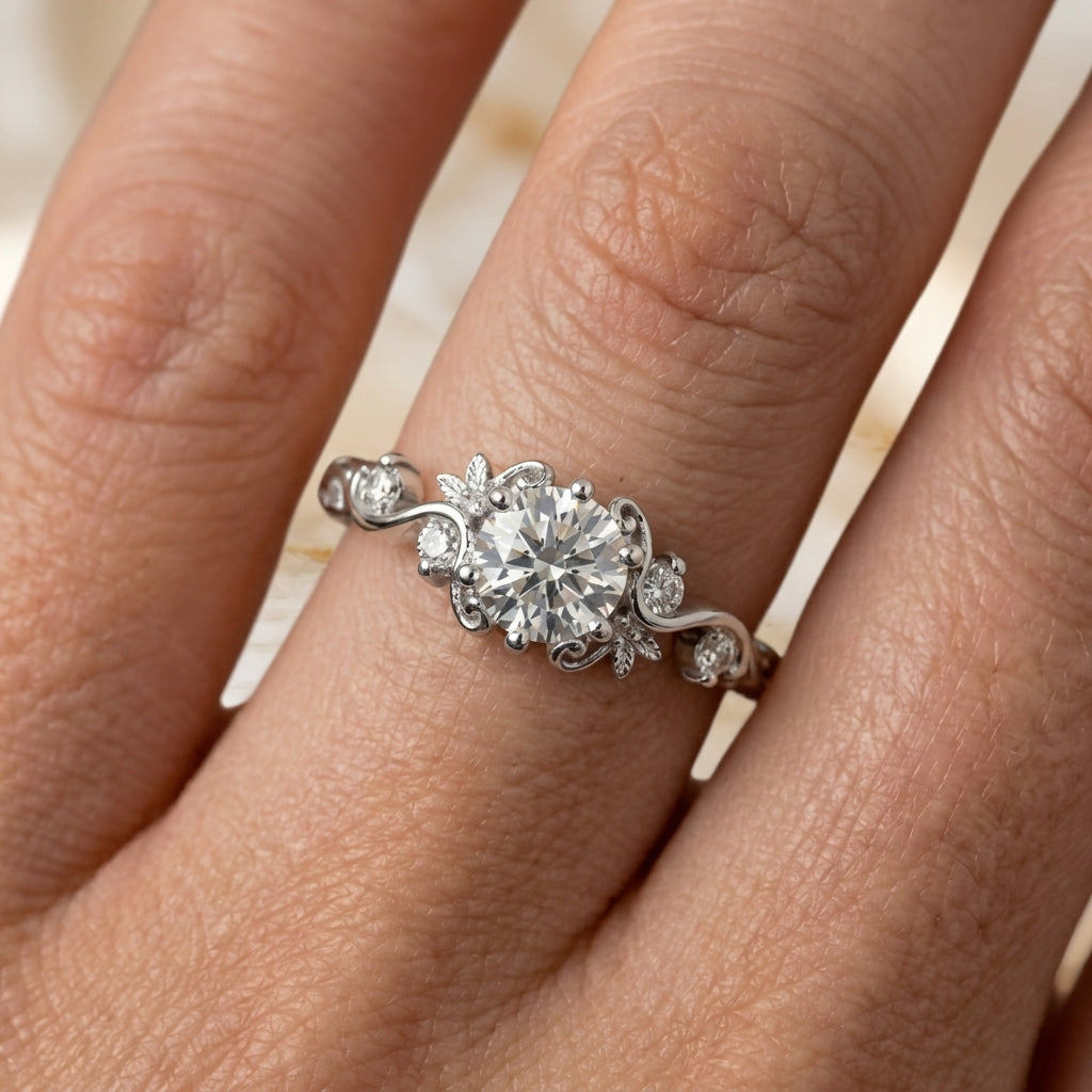 1.00 CT Round Cut Lab-Grown Diamond Engagement Ring in 14K White Gold – Vintage Floral Leafy Engraved Design