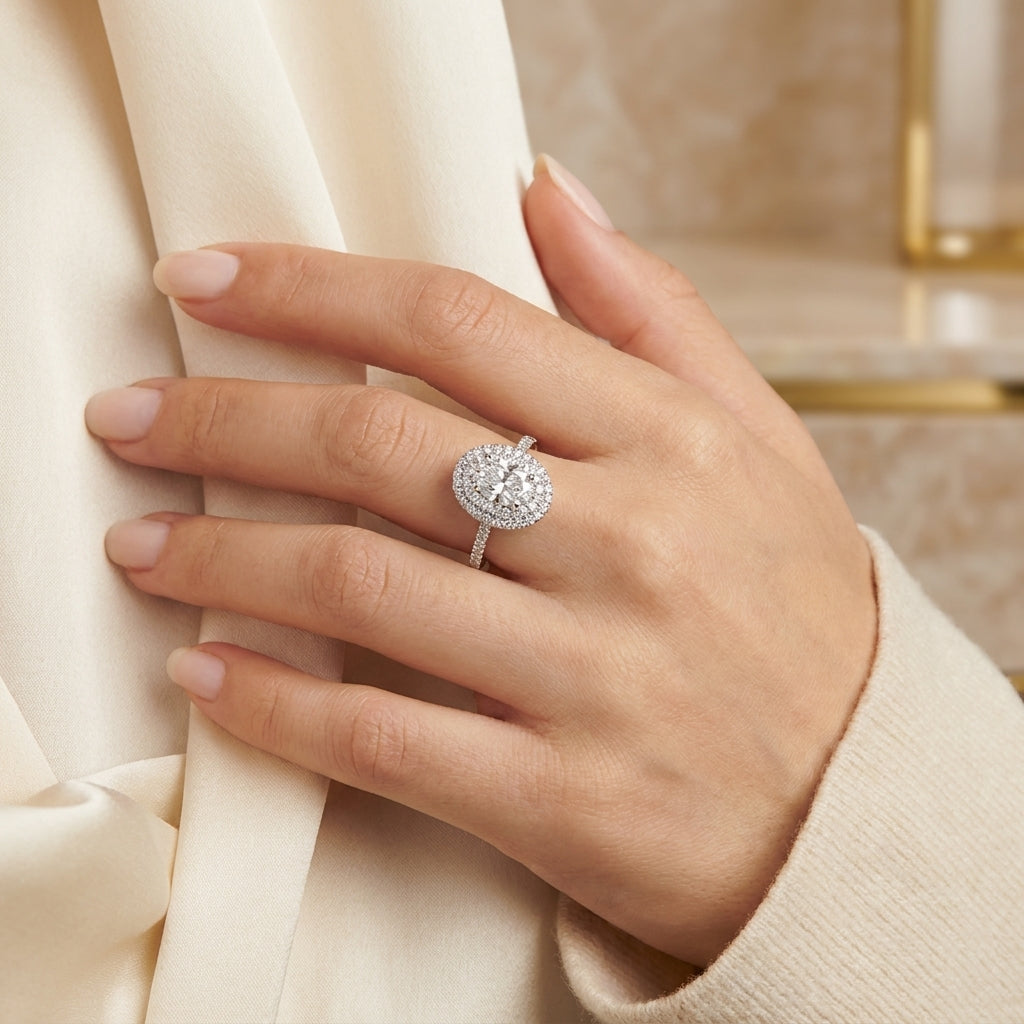 3.00 CT Pear Cut Lab-Grown Diamond Double Halo Engagement Ring in 14K White Gold – Pavé Halo Anniversary Design