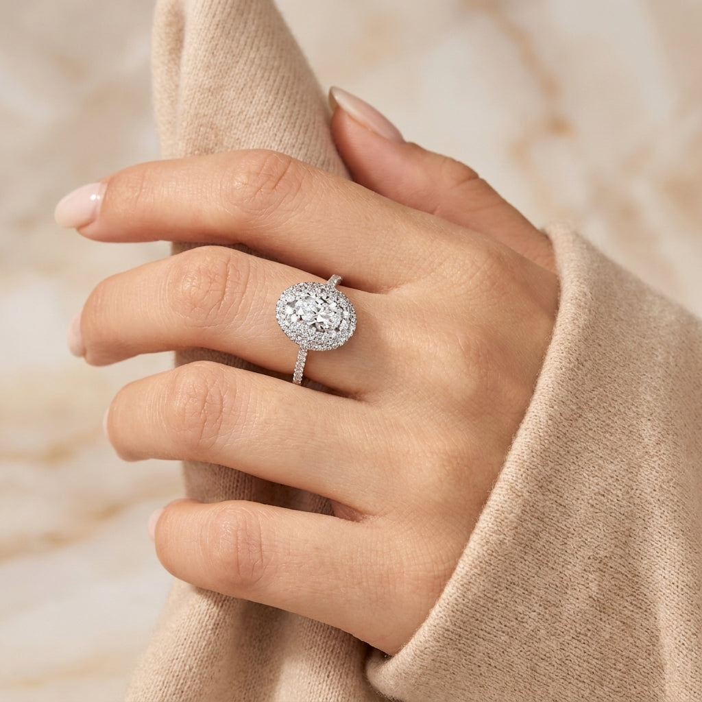 3.00 CT Pear Cut Lab-Grown Diamond Double Halo Engagement Ring in 14K White Gold – Pavé Halo Anniversary Design