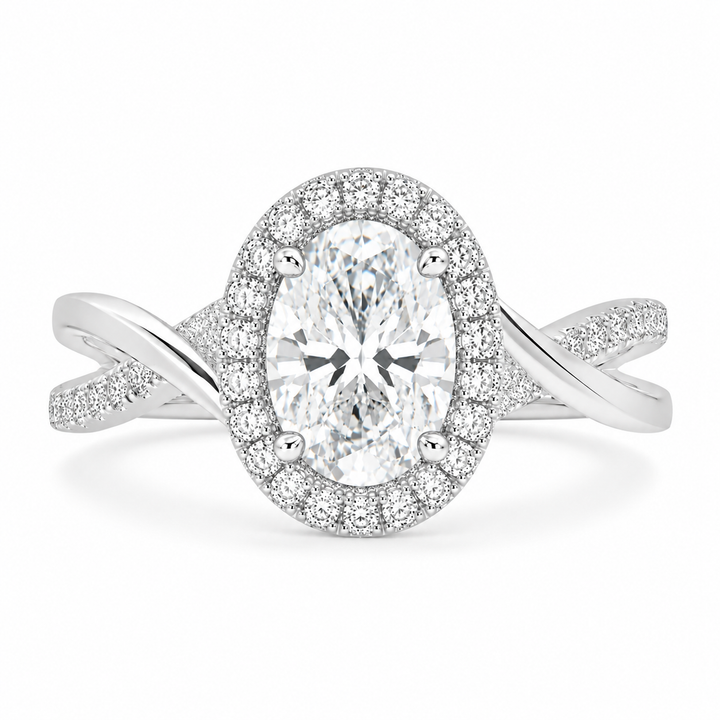 Celestina 3.35 Carat Oval Cut Halo Pave Split Shank Engagement Ring