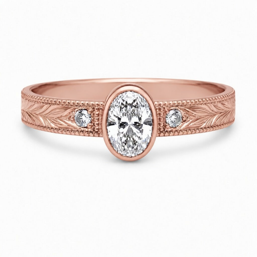 2.00 CT Oval Bezel Set Lab-Grown Diamond Engagement Ring in 14K White Gold – Hand-Engraved Vintage Heirloom Design