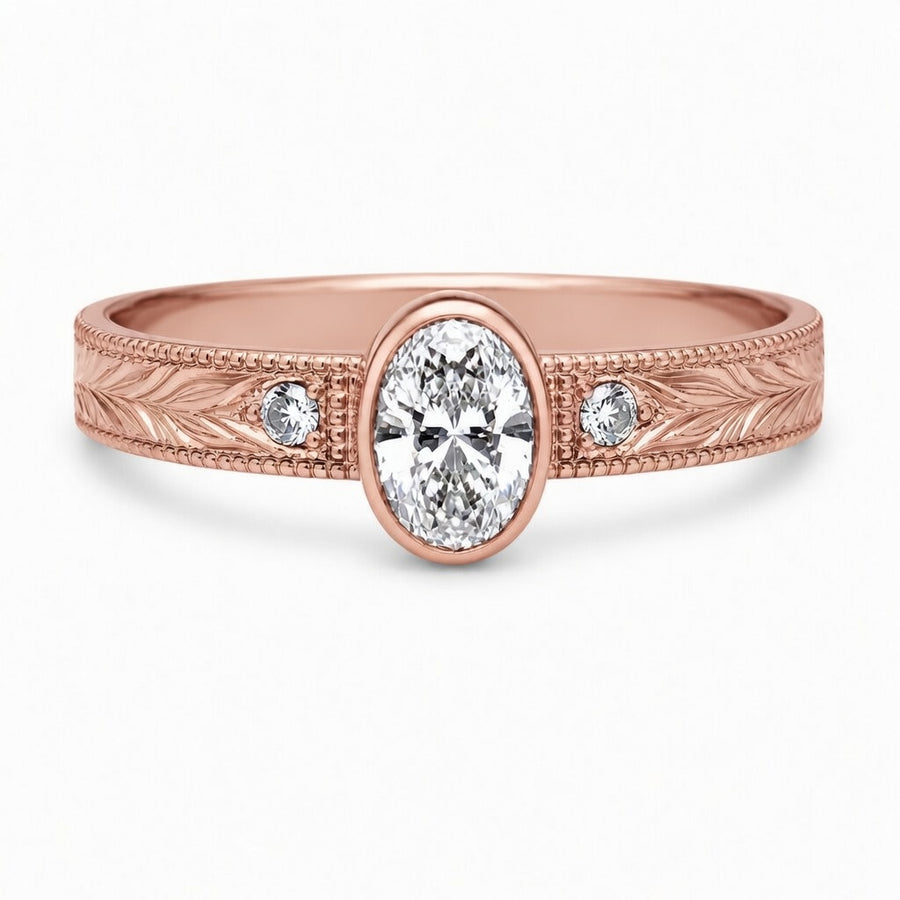 2.00 CT Oval Bezel Set Lab-Grown Diamond Engagement Ring in 14K White Gold – Hand-Engraved Vintage Heirloom Design