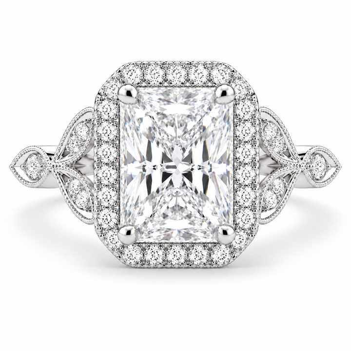 5 CT Ada Radiant Cut Lab-Grown Diamond Halo Pavé Engagement Ring in 14K White Gold
