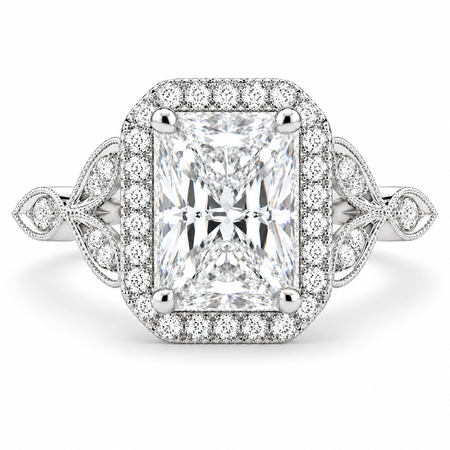 5 CT Ada Radiant Cut Lab-Grown Diamond Halo Pavé Engagement Ring in 14K White Gold