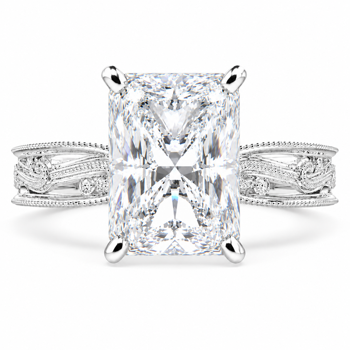 Sabrina 7 Carat Emerald Cut Solitaire Hand Engraved Milgrain Engagement Ring