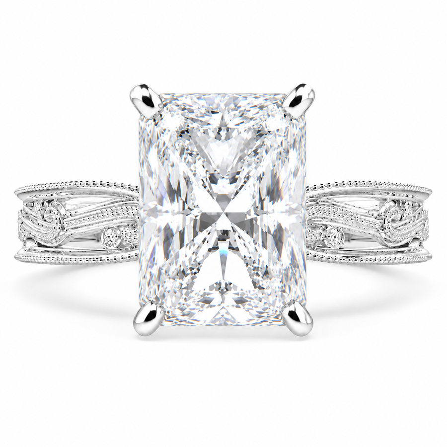 Sabrina 7 Carat Emerald Cut Solitaire Hand Engraved Milgrain Engagement Ring