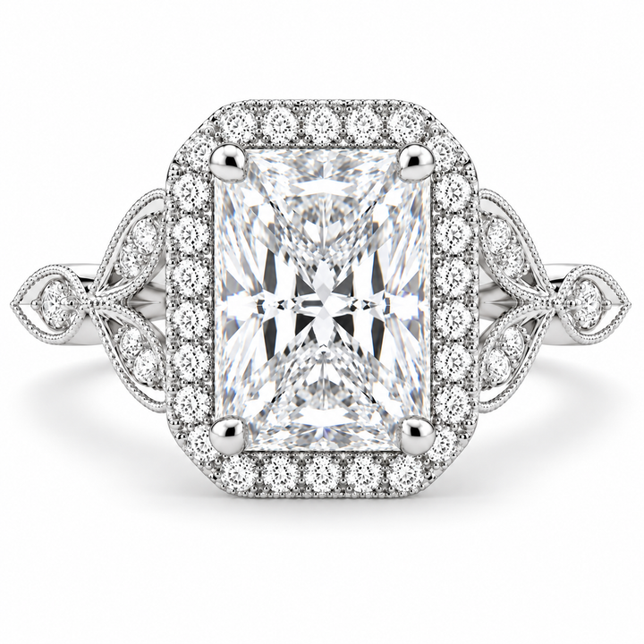 6 CT Ada Radiant Cut Lab-Grown Diamond Halo Pavé Engagement Ring in 14K White Gold