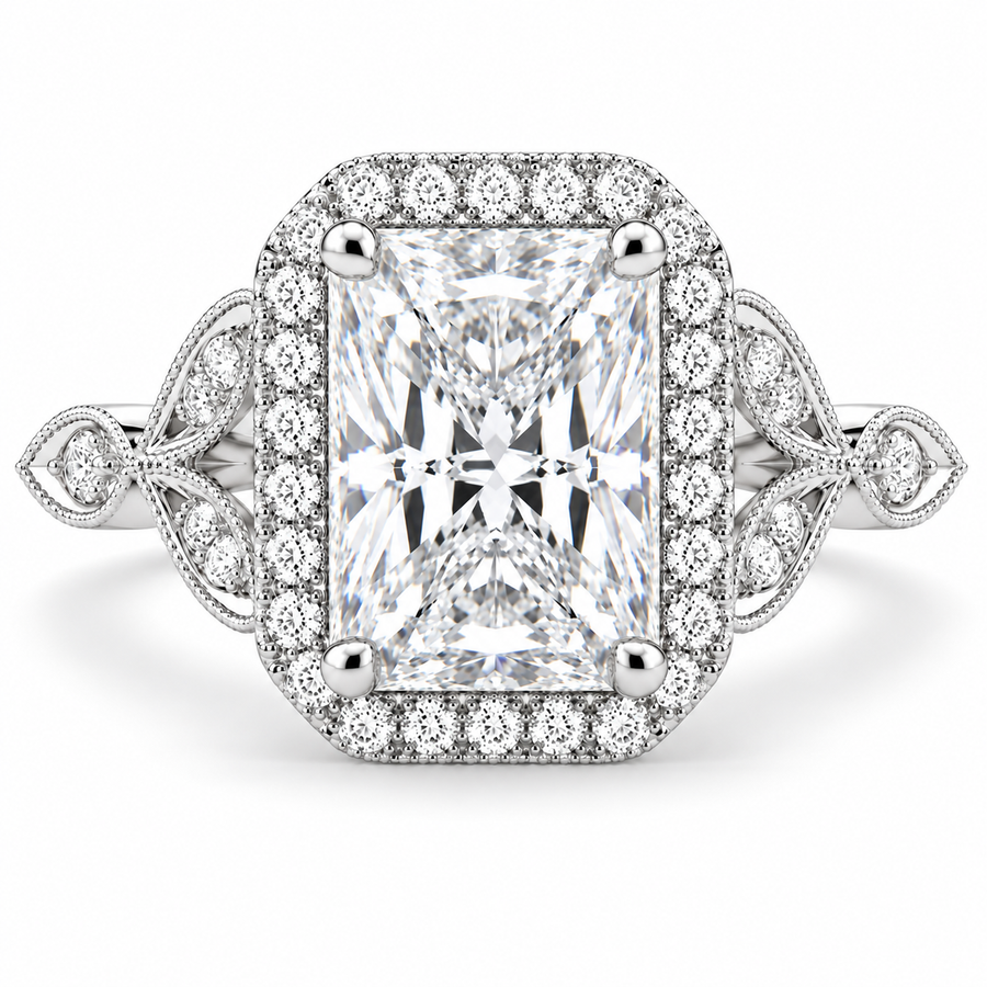 6 CT Ada Radiant Cut Lab-Grown Diamond Halo Pavé Engagement Ring in 14K White Gold