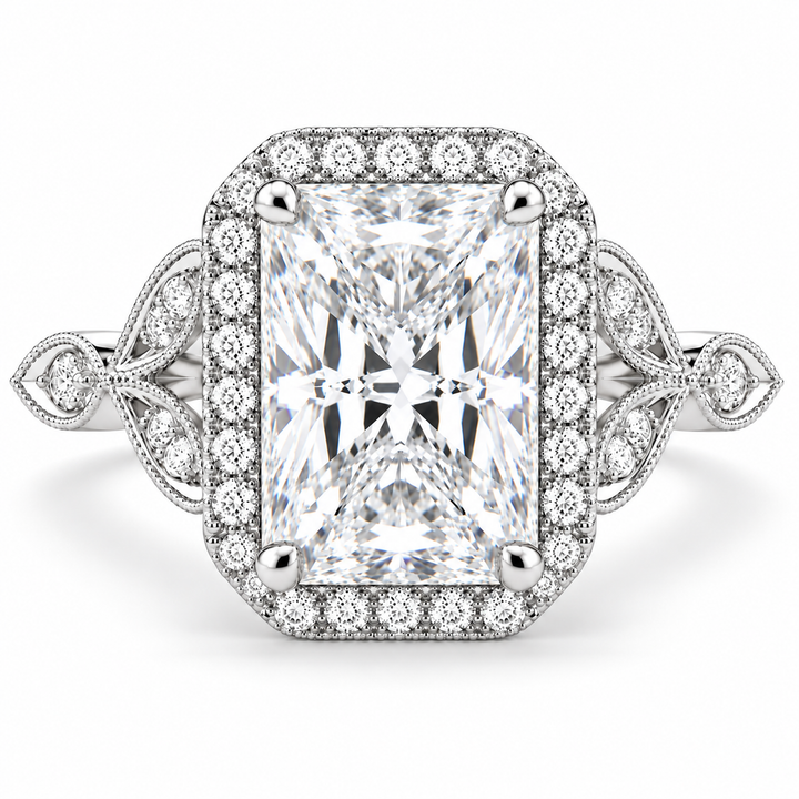 7 CT Ada Radiant Cut Lab-Grown Diamond Halo Pavé Engagement Ring in 14K White Gold
