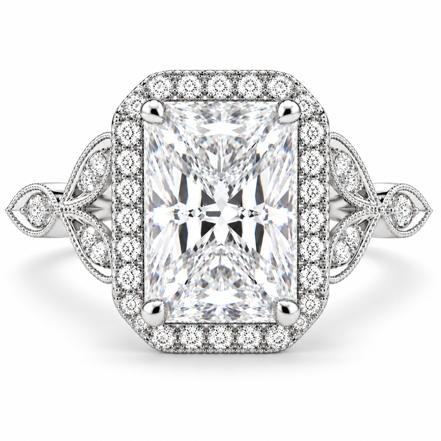 7 CT Ada Radiant Cut Lab-Grown Diamond Halo Pavé Engagement Ring in 14K White Gold