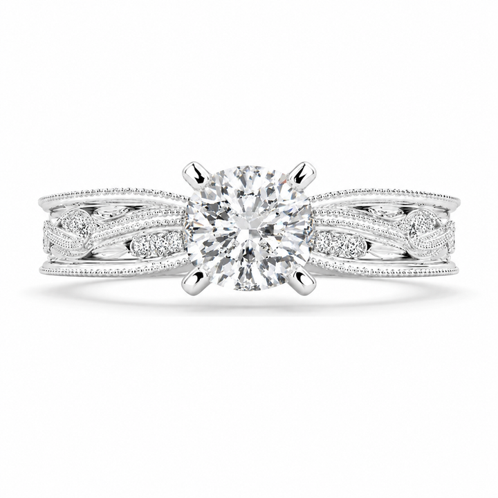 Sabrina 2 Carat Cushion Cut Solitaire Hand Engraved Milgrain Engagement Ring